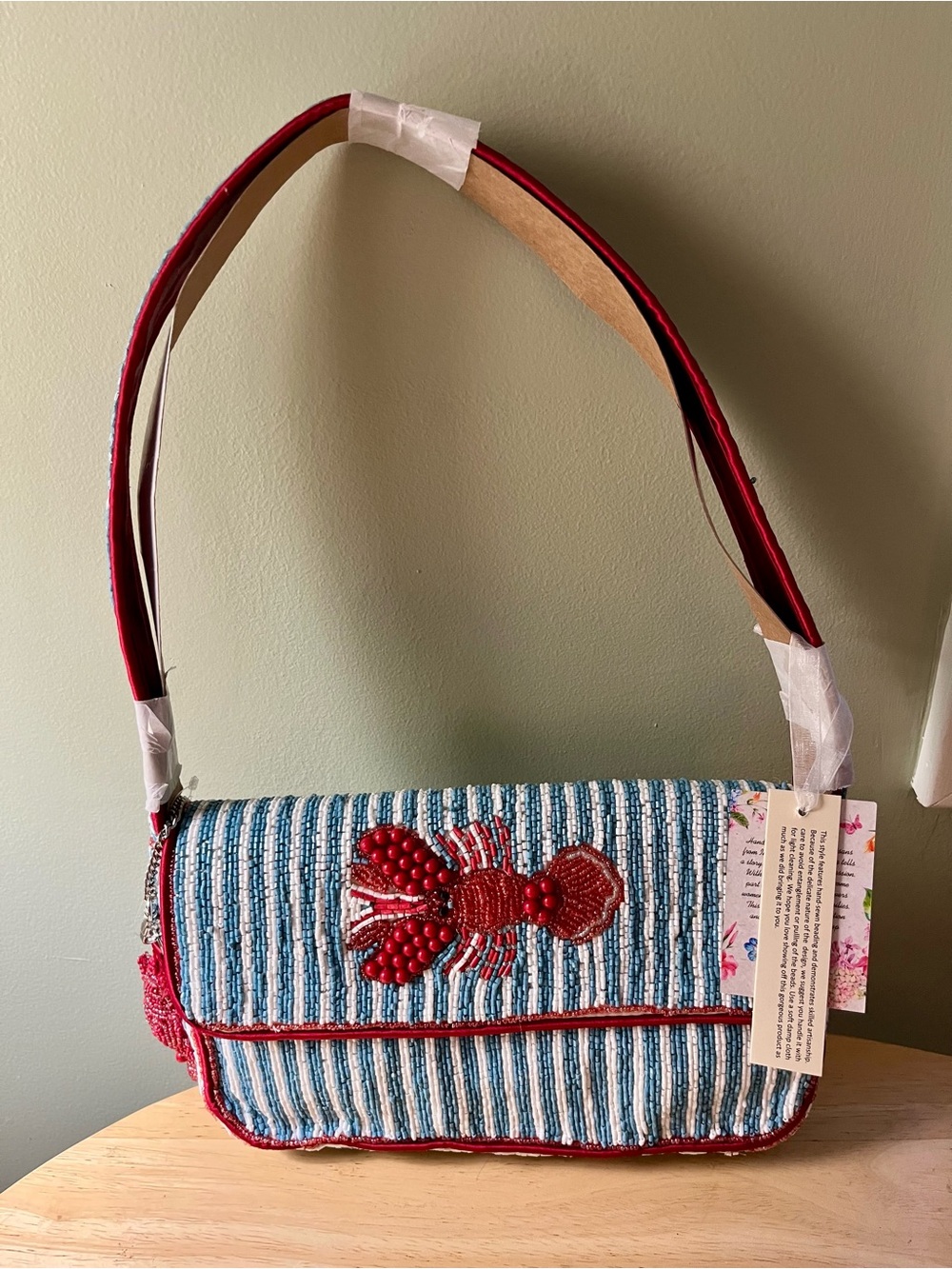Beaded Lobster Stripe Shoulder Bag - Blue & Red